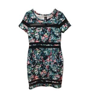 Belle & Sky Black Floral Bodycon Dress Large Sheer Cut-Outs Party Clubwear Large